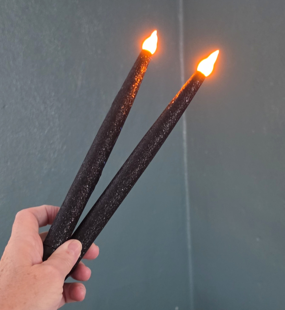 Black Glitter Flameless LED Battery Taper Candles 11in, 2 Pack Halloween Decor